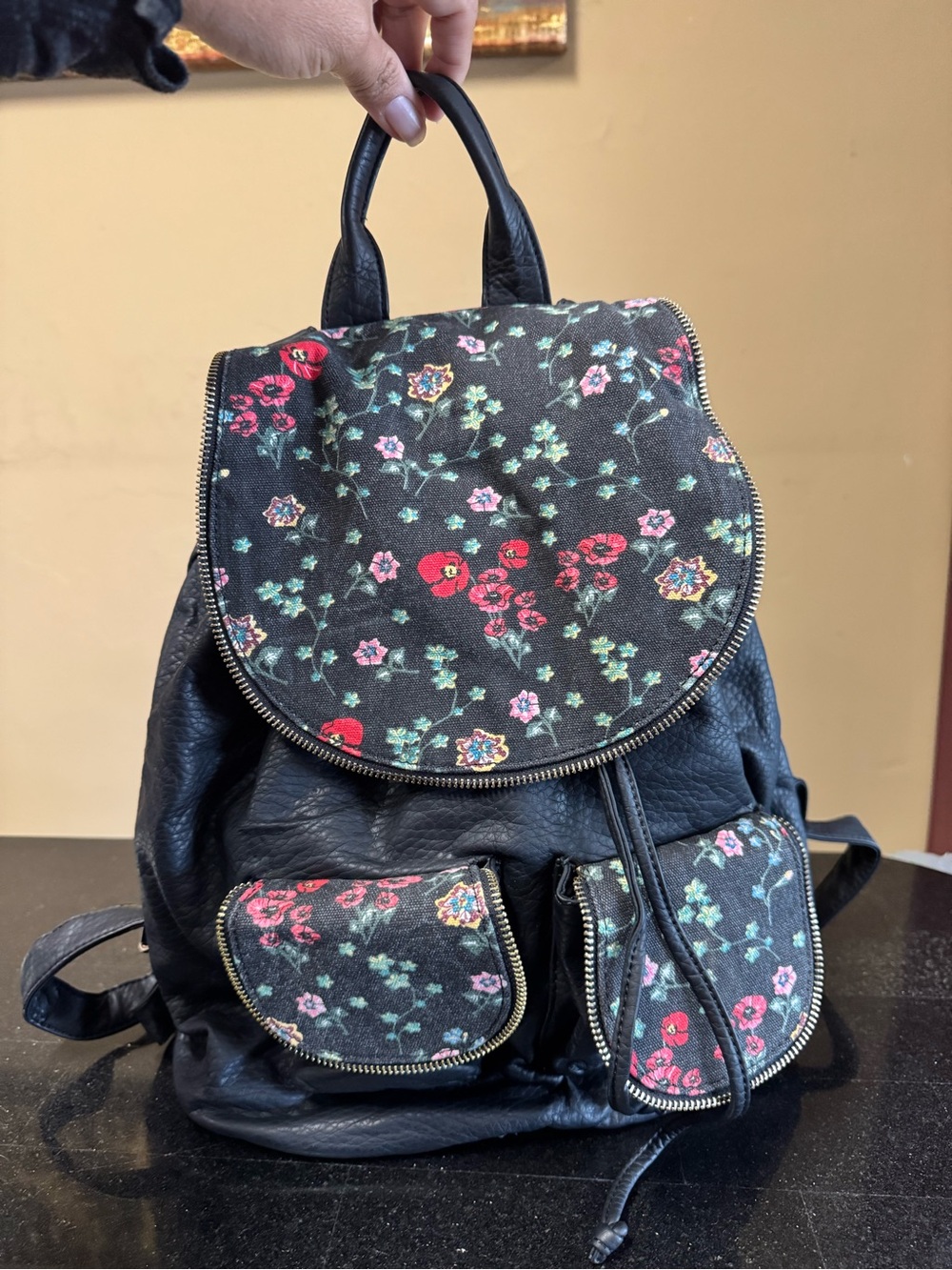 Black Floral Canvas & Faux Leather Women’s Backpack